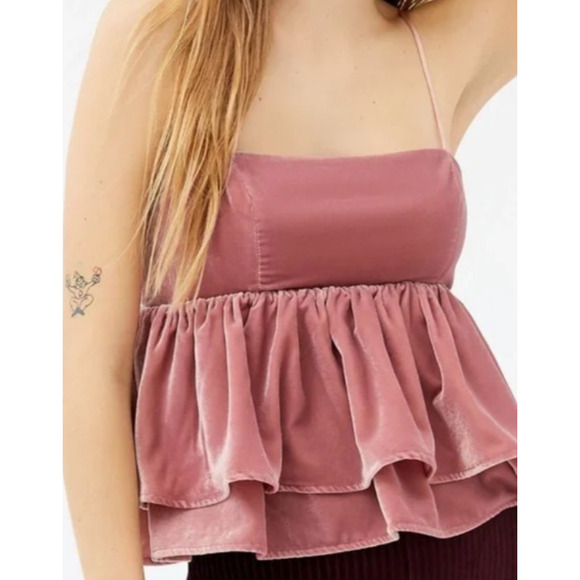 Blush Pink Velvet Regency Renaissance Victorian Coquette Tiered Ruffle Top Small - Picture 1 of 13